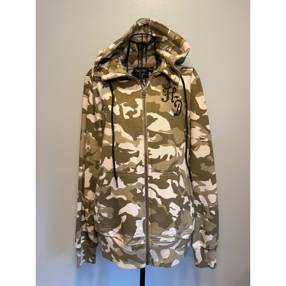 Harley-Davidson Womens Camo Full Zip Hoodie Sparkle Tie Tan Green M